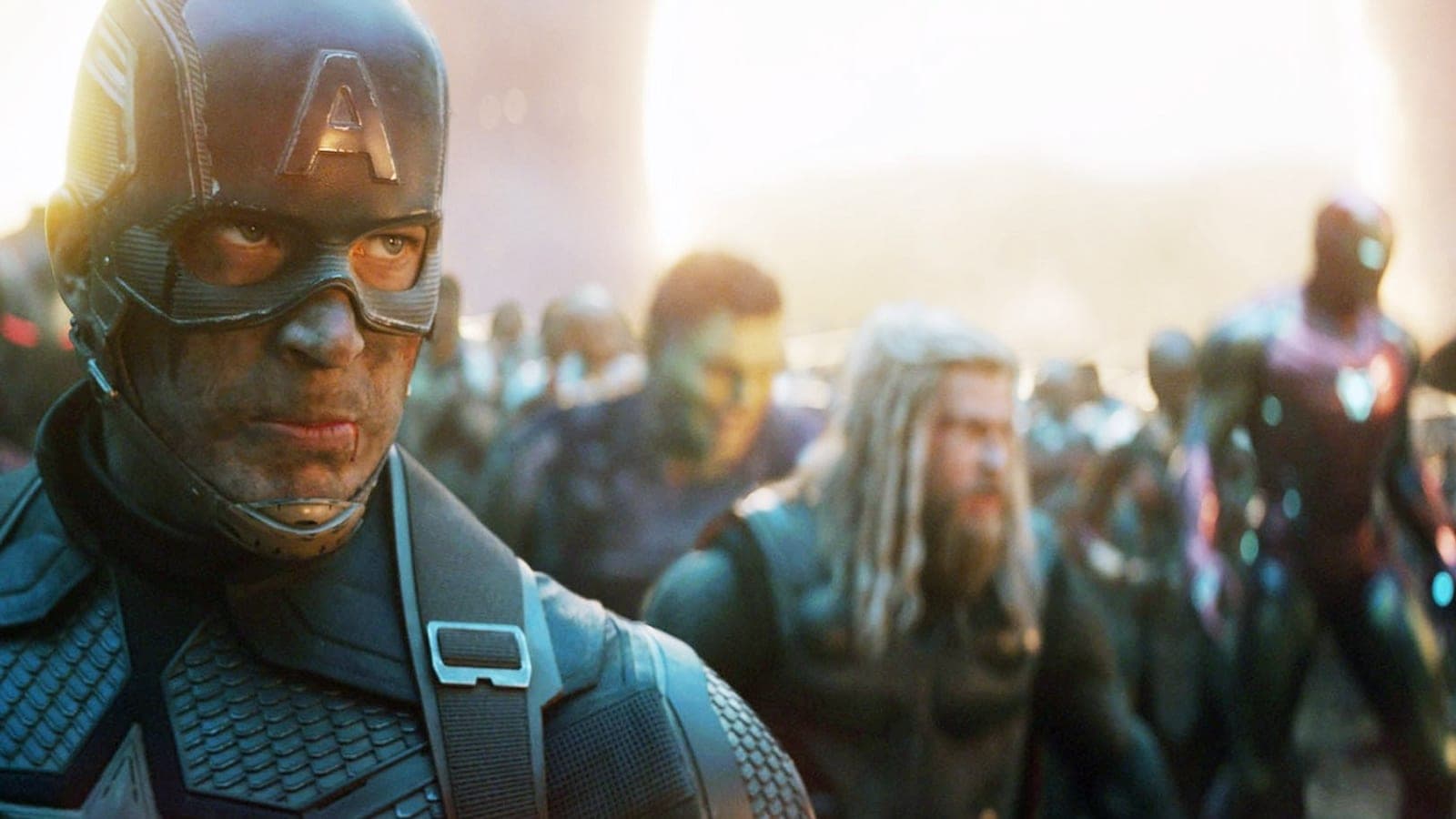 Captain America, Hulk, Thor, Iron Man and Black Panther stand together in a production still from Marvel Studios' Avengers: Endgame.