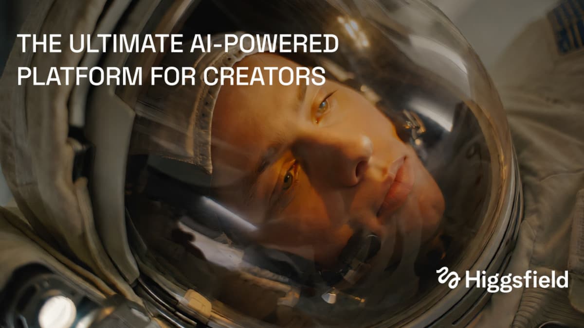 Higgsfield's own promotional image: an astronaut's face behind a helmet visor, with the slogan 'The ultimate AI-powered platform for creators' and the Higgsfield logo
