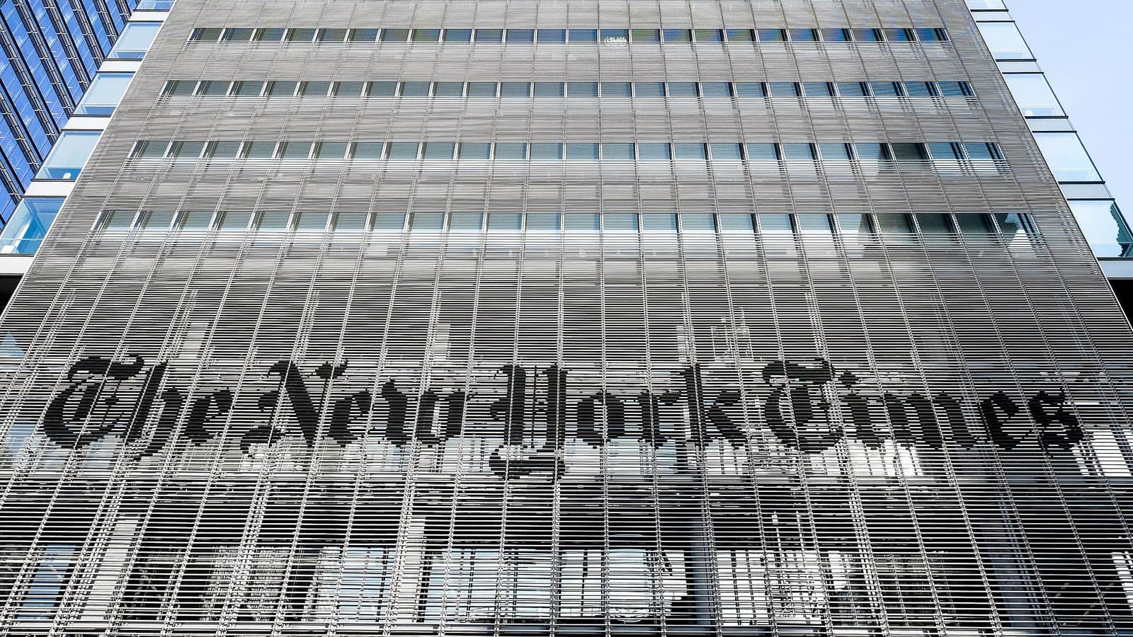 The New York Times Building in Manhattan, showing the paper's masthead above the entrance. The Times Company is one of two second-round bidders for Letterboxd.