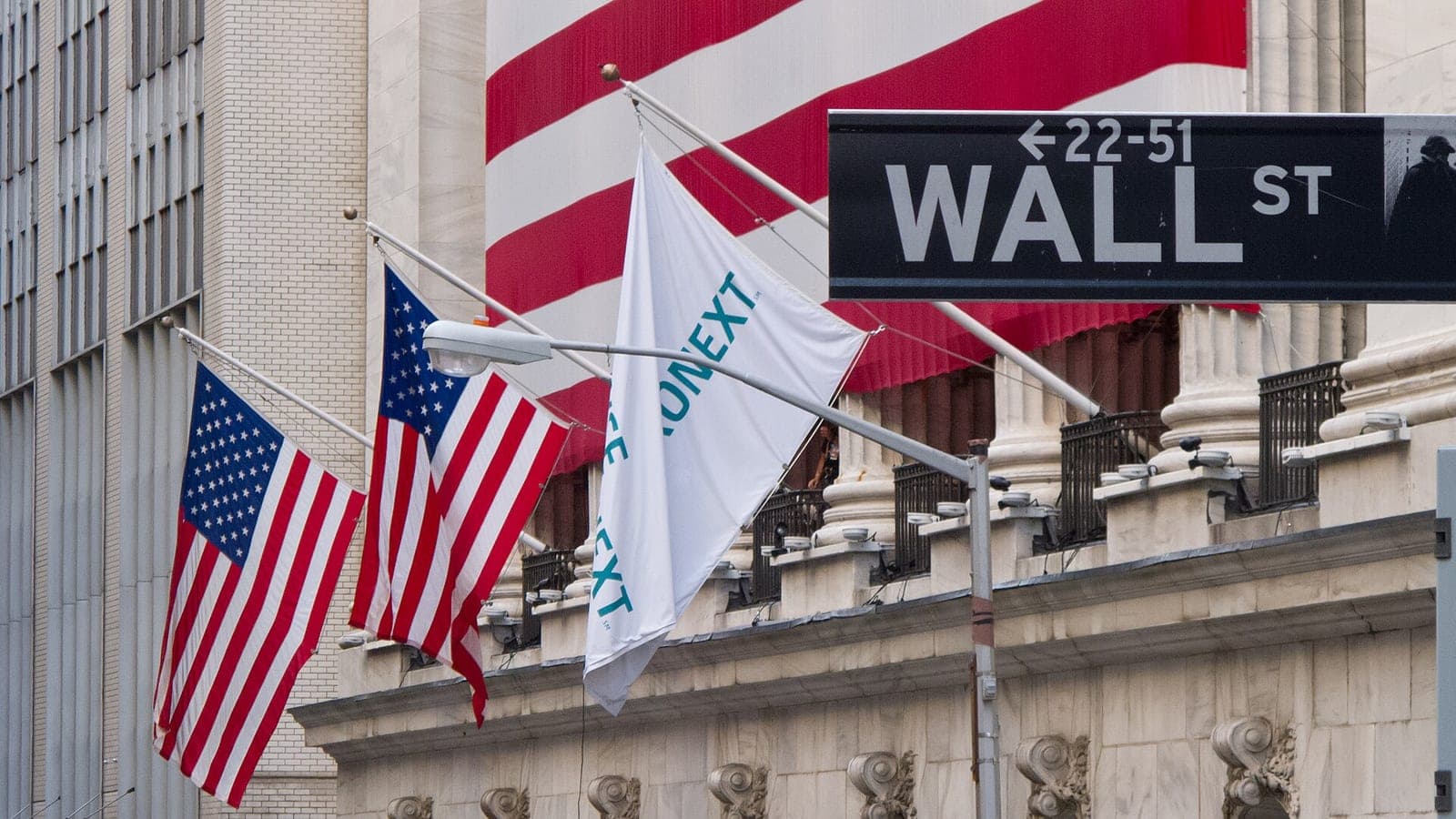 A Wall Street street sign beside the New York Stock Exchange, with American flags hanging from the columned facade.