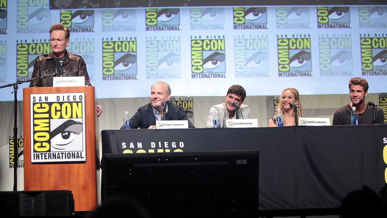 Conan O'Brien, Francis Lawrence, Josh Hutcherson, Jennifer Lawrence and Liam Hemsworth speaking at the 2015 San Diego Comic Con International, for "The Hunger Games: Mockingjay Part 2", at the San Diego Convention Center in San Diego, California.