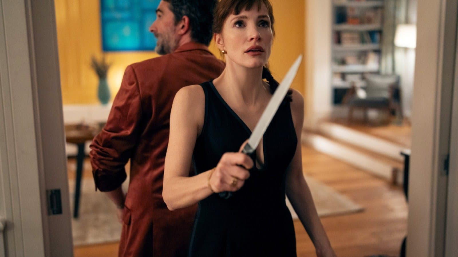 OTHER MOMMY, from left: Jay Duplass, Jessica Chastain, 2026. ph: Bernard Walsh /