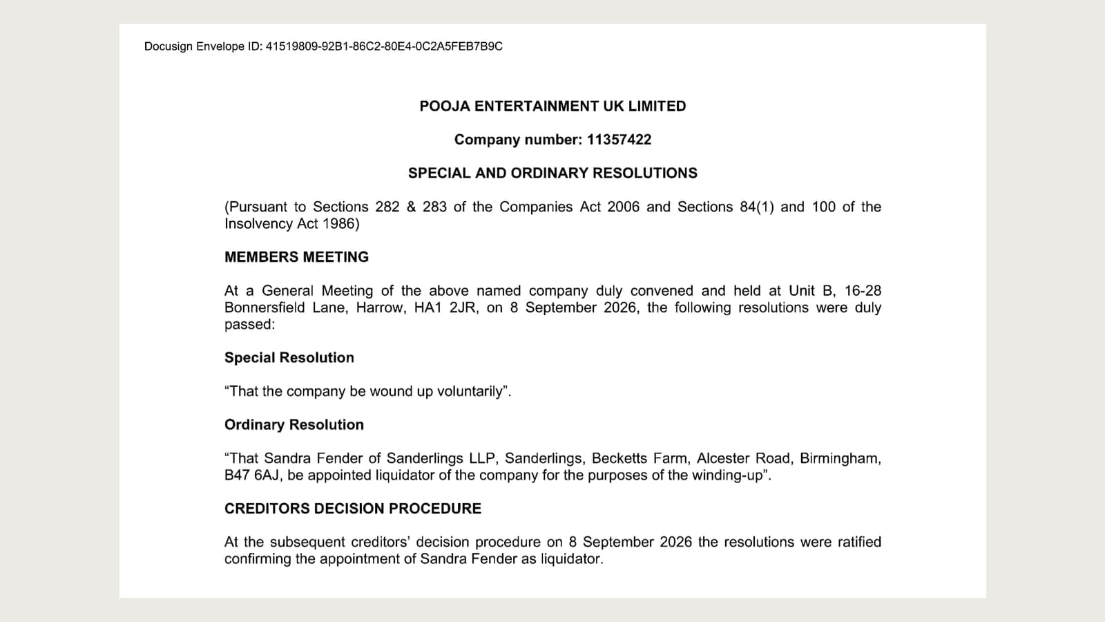The resolution winding up Pooja Entertainment UK Limited, passed at a members' meeting in Harrow on 8 September 2026 and appointing Sandra Fender as liquidator.