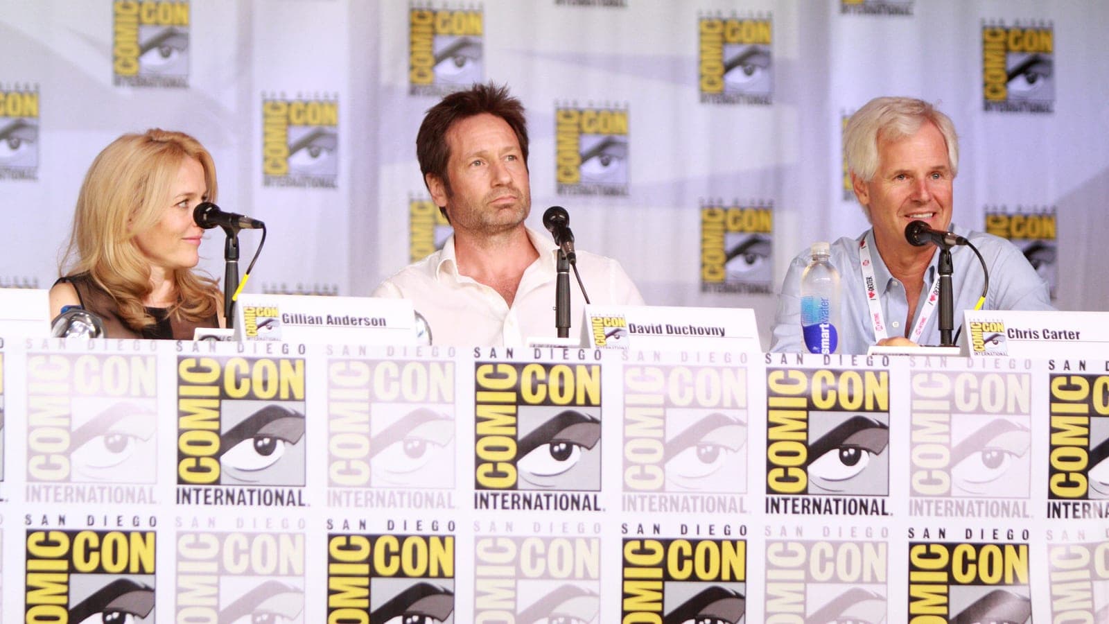 Gillian Anderson, David Duchovny and Chris Carter at The X-Files 20th anniversary panel at San Diego Comic-Con in July 2013